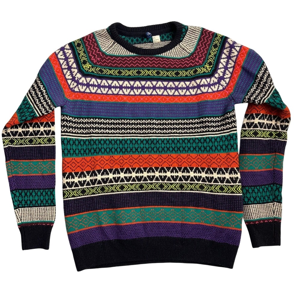 H&M DIVIDED‎ Colorful Pattern Knit Sweater Size L Wool Blend Fair Isle